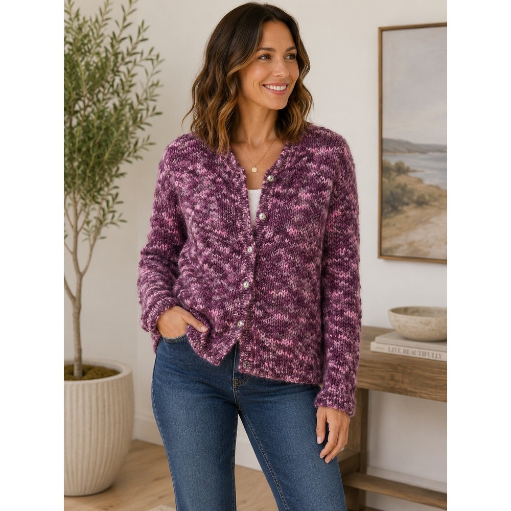 Talbots Made in Italy 100% Wool Chunky Knit Cardigan Sweater Purple Marled 1216